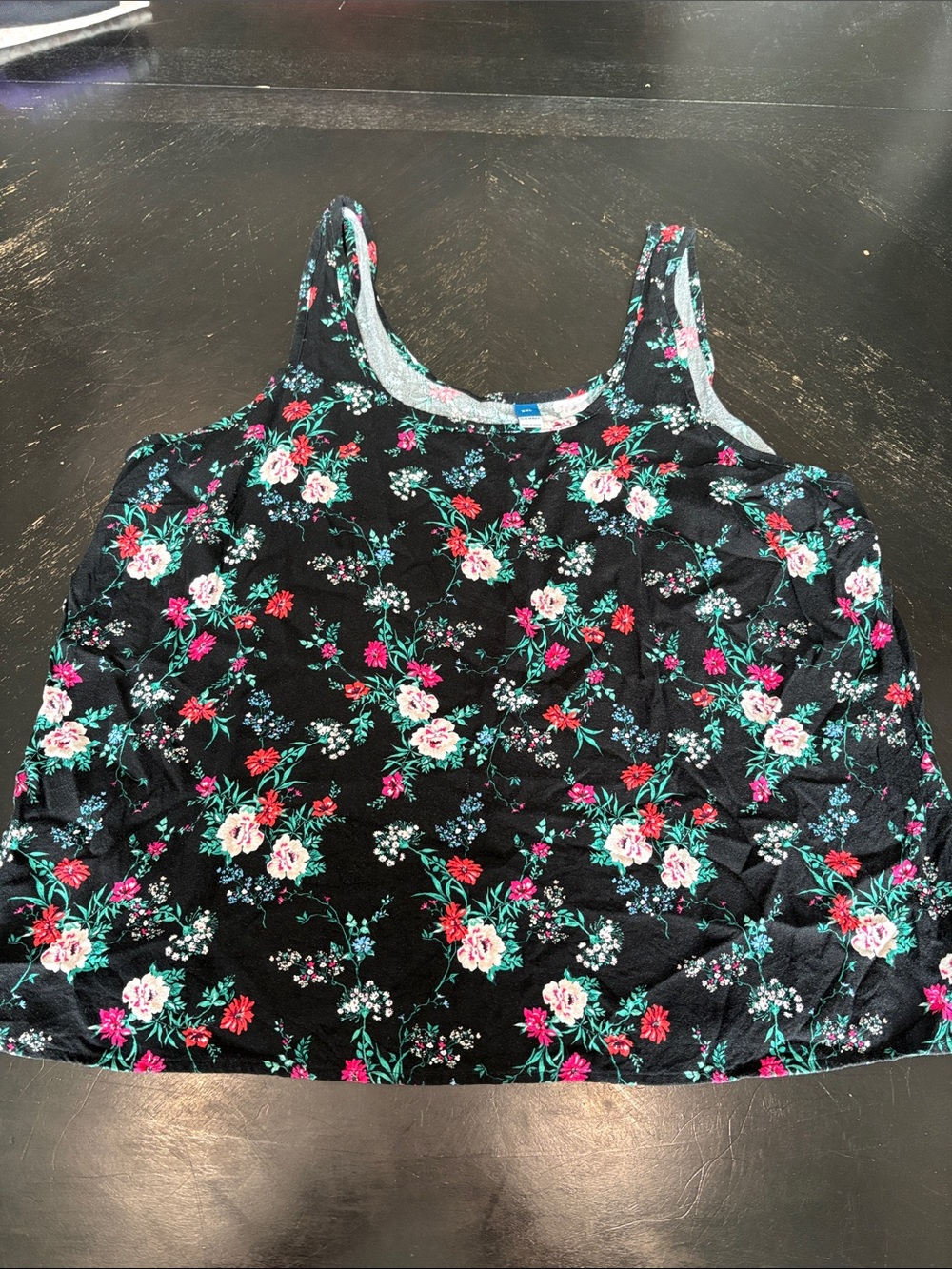 Old Navy Black Floral Tank with Pink & Green Accents